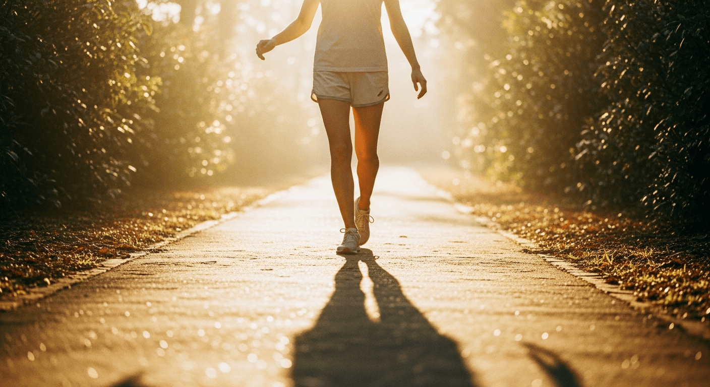 Person walking briskly on a sunny path with golden morning light and blurred green background.