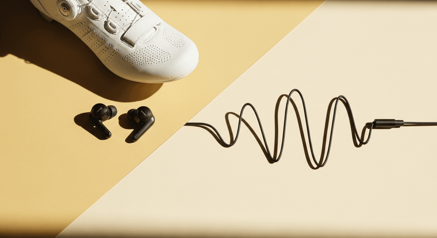 Flat-lay of wireless earbuds, cycling shoe, and audio cable on warm cream surface with soft natural light.