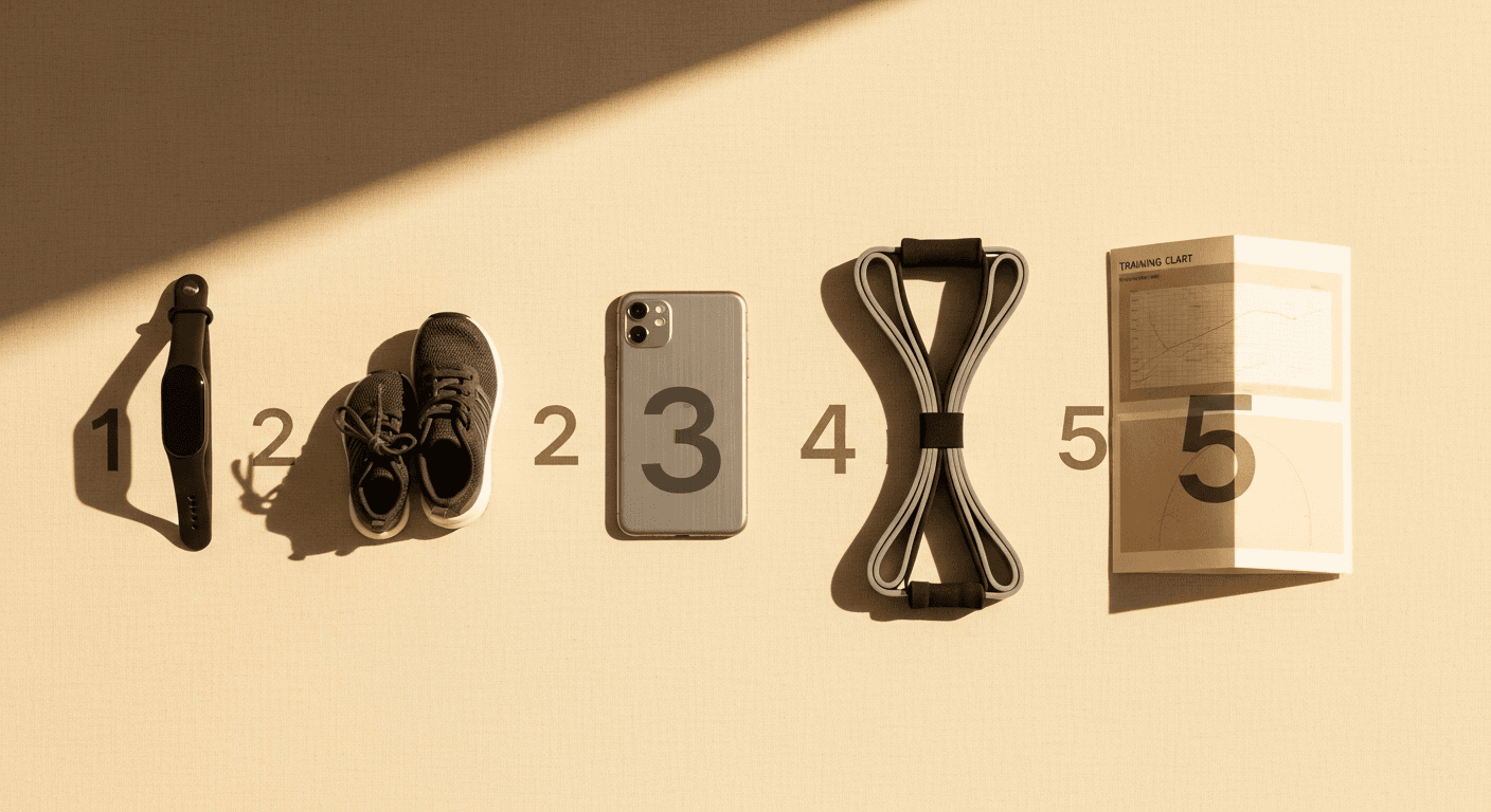 Five fitness objects ranked left to right on a warm cream surface: tracker, shoes, phone, resistance bands, and training chart.