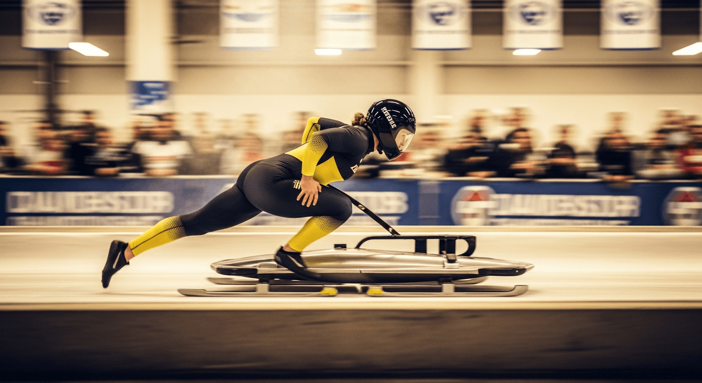 Elite female athlete explosively pushing a competition sled forward during a HYROX race event.
