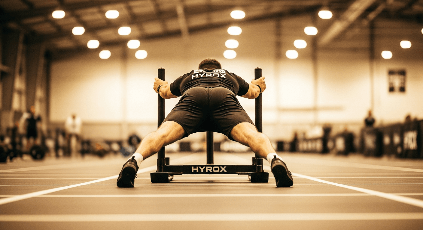A HYROX competitor drives a competition sled across the floor, shot from behind in warm golden light.