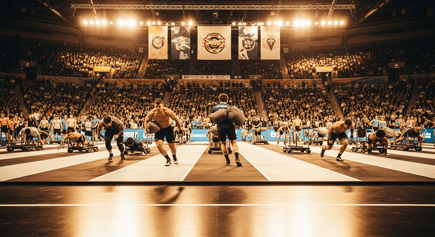 Wide view of an indoor stadium with dozens of athletes competing with sandbags and sleds under warm golden stadium lighting.