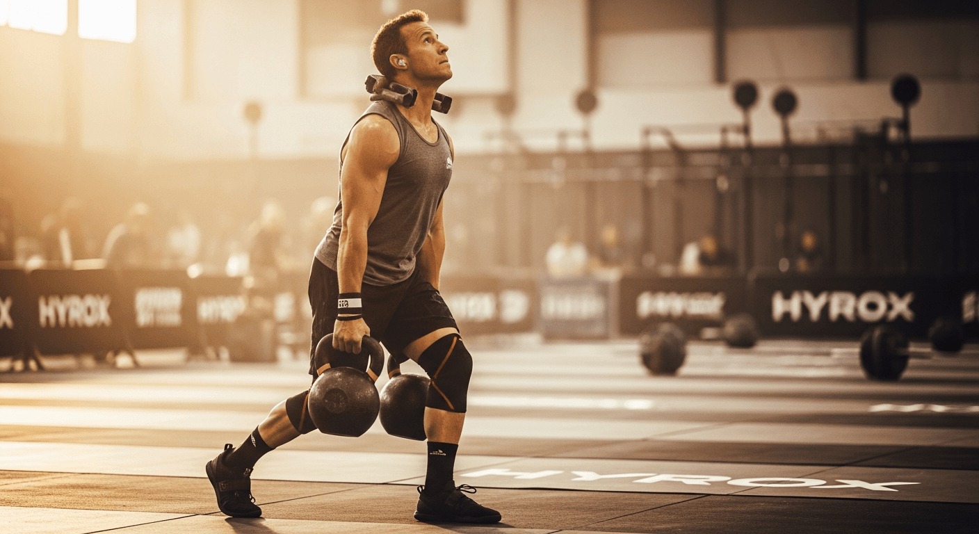 Mature athlete performing heavy kettlebell farmer's carry during HYROX competition.