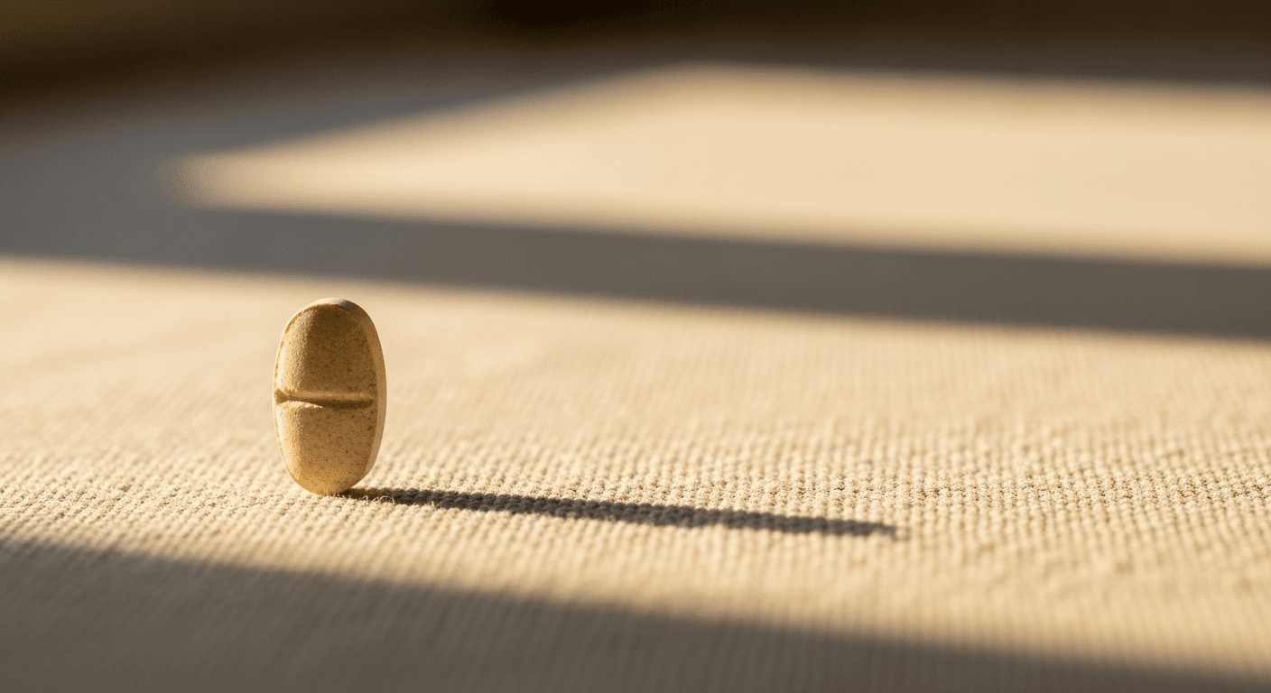 A single multivitamin tablet rests on warm cream linen, illuminated by soft natural sidelight.