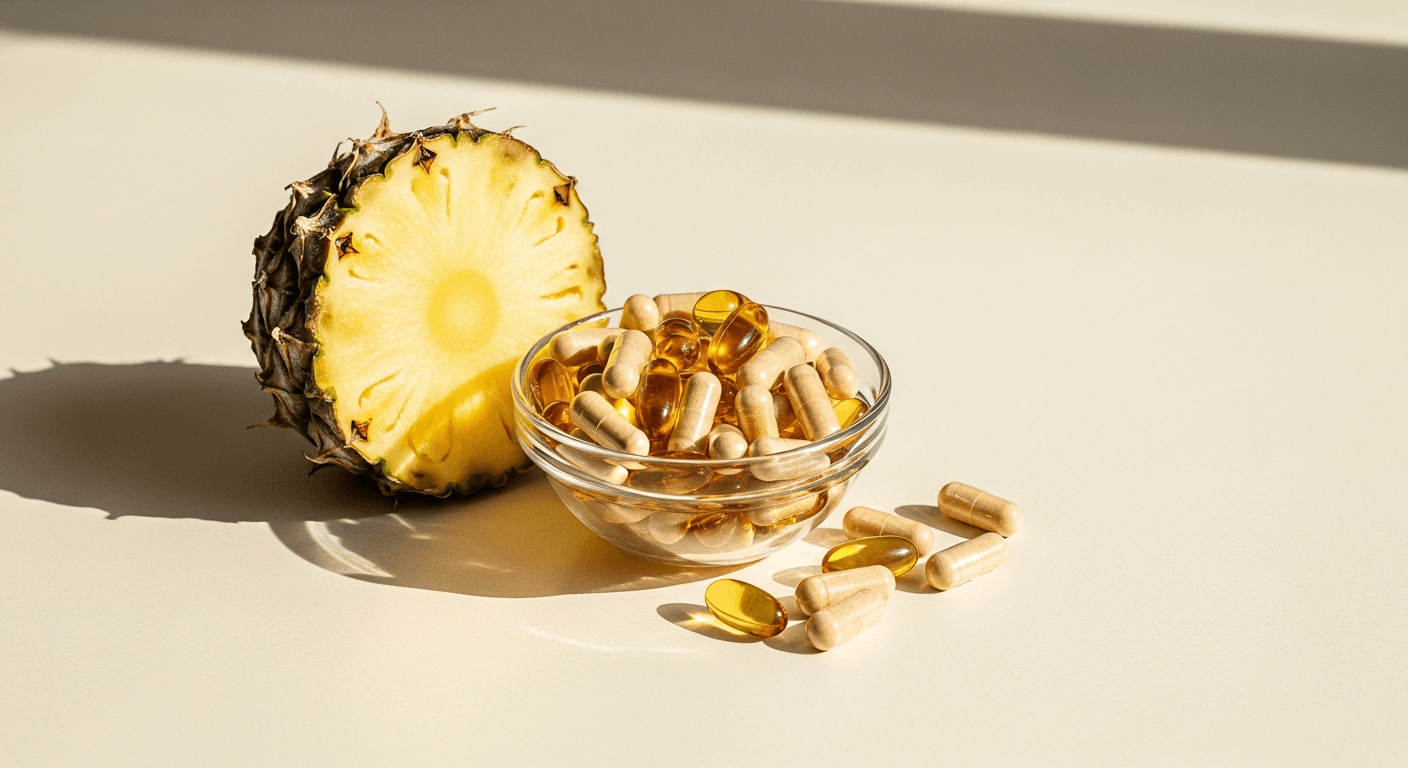 Translucent enzyme supplement capsules arranged beside fresh pineapple wedge on warm cream background.