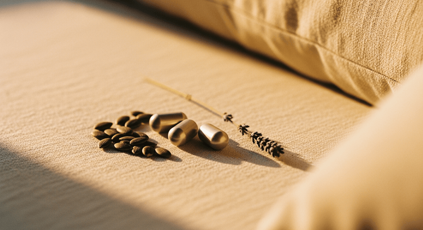 Three magnesium capsules with pumpkin seeds and lavender on warm cream linen.