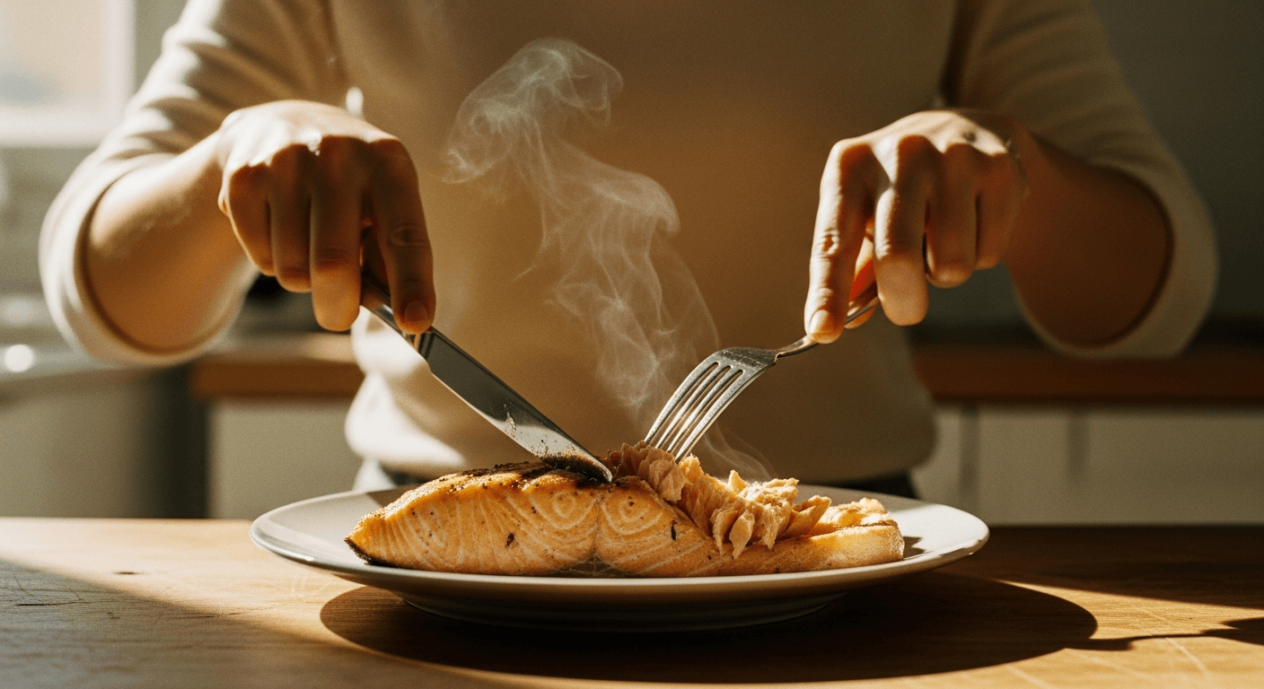 Woman's hands cutting into grilled salmon fillet with purpose, warm natural light from kitchen window.