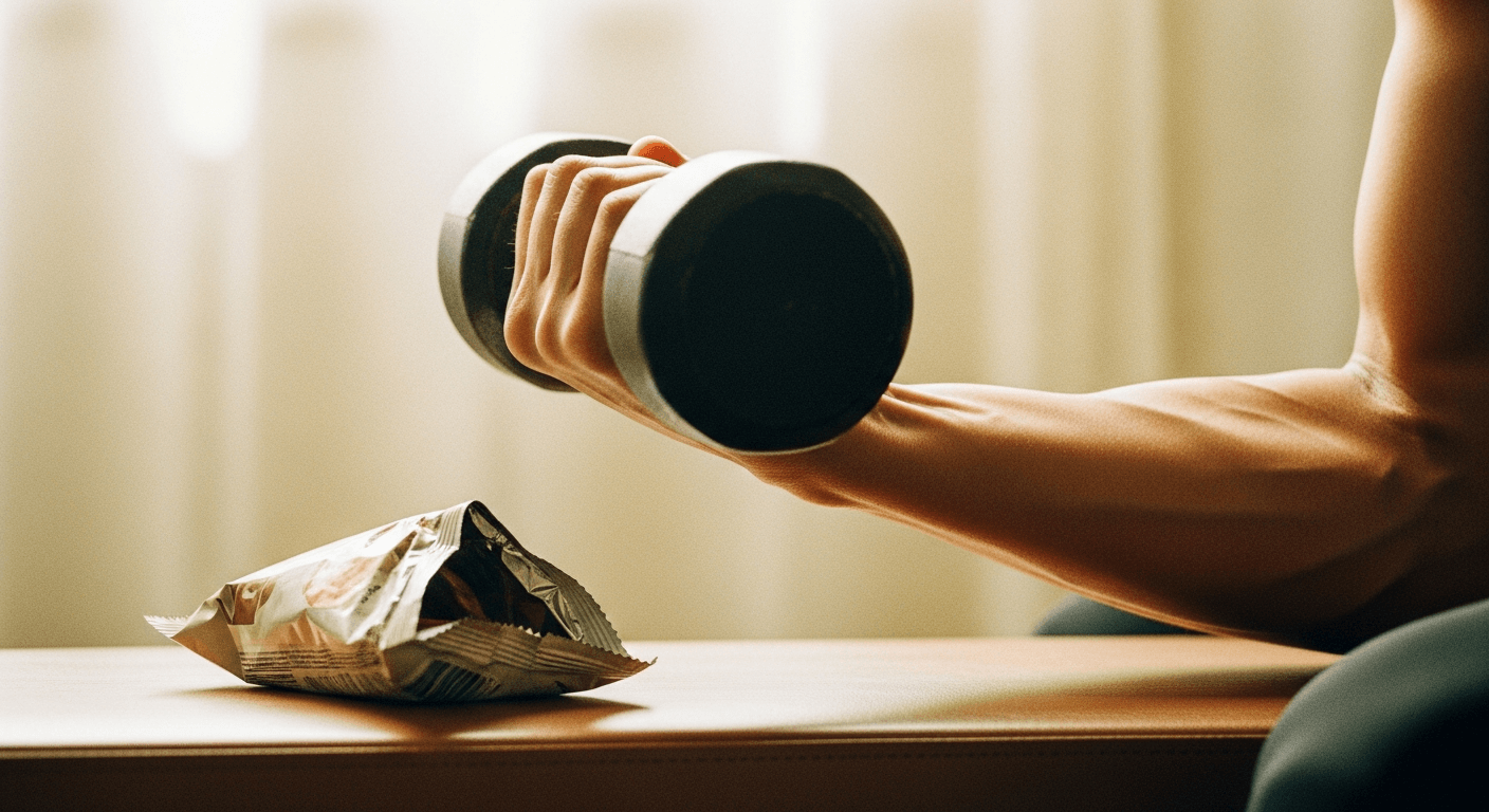 A muscular hand grips a dumbbell while a processed snack wrapper sits on the gym bench nearby.