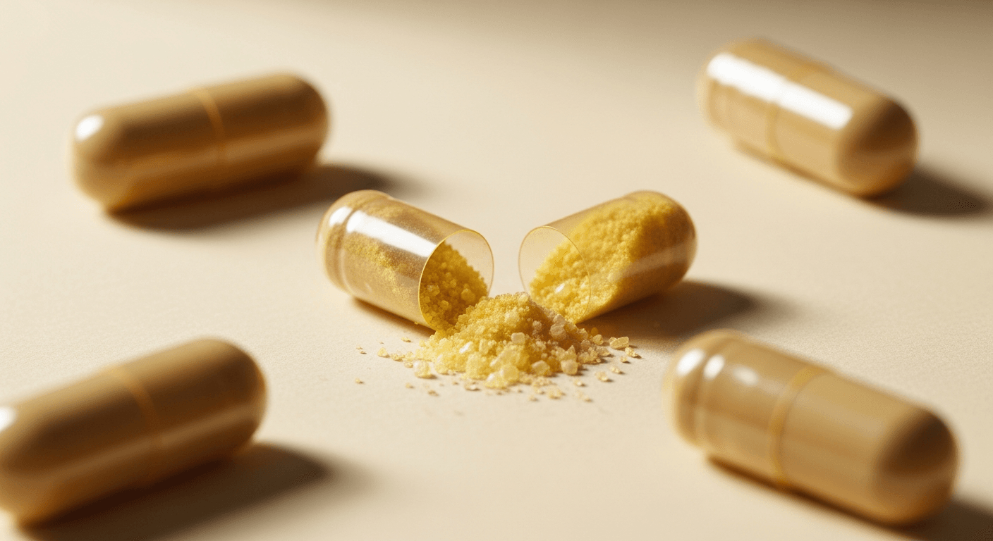 An amber supplement capsule split open spilling pale yellow powder onto a warm cream surface, surrounded by whole capsules.