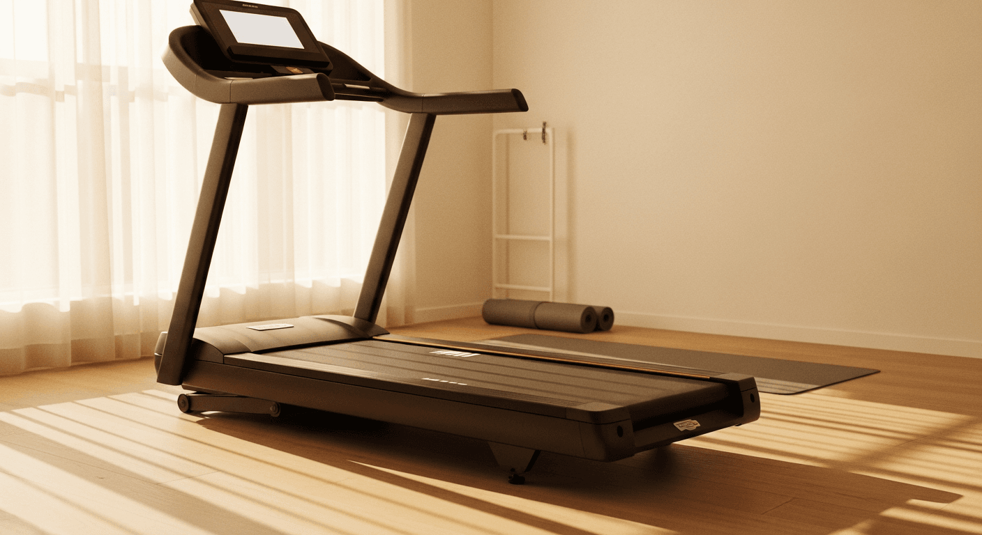 A sleek black treadmill in a sunlit modern home gym bathed in warm golden-hour light.