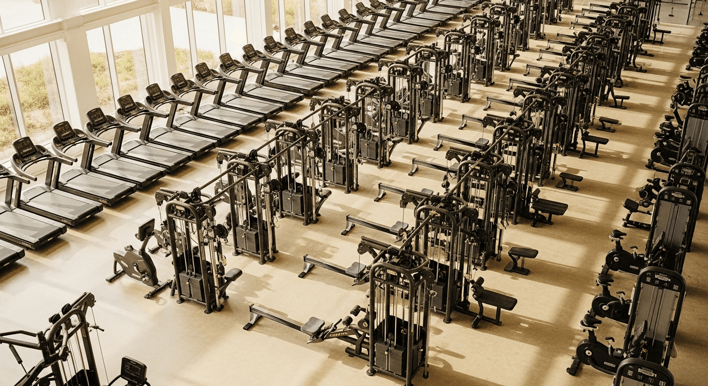 Overhead view of a modern gym with rows of exercise equipment arranged in geometric formation under natural light.