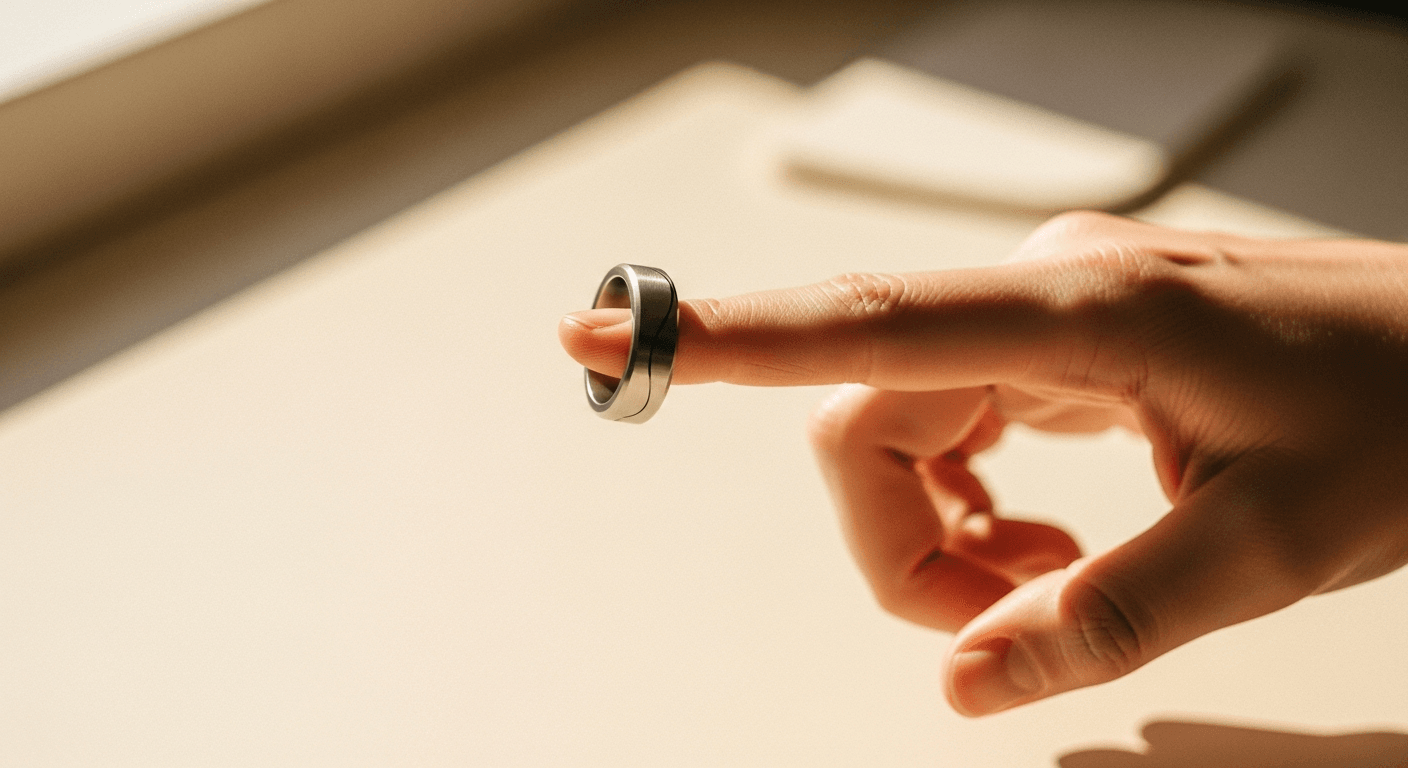 A sleek titanium smart ring rests on an outstretched finger in a gesture of interaction against warm cream tones.