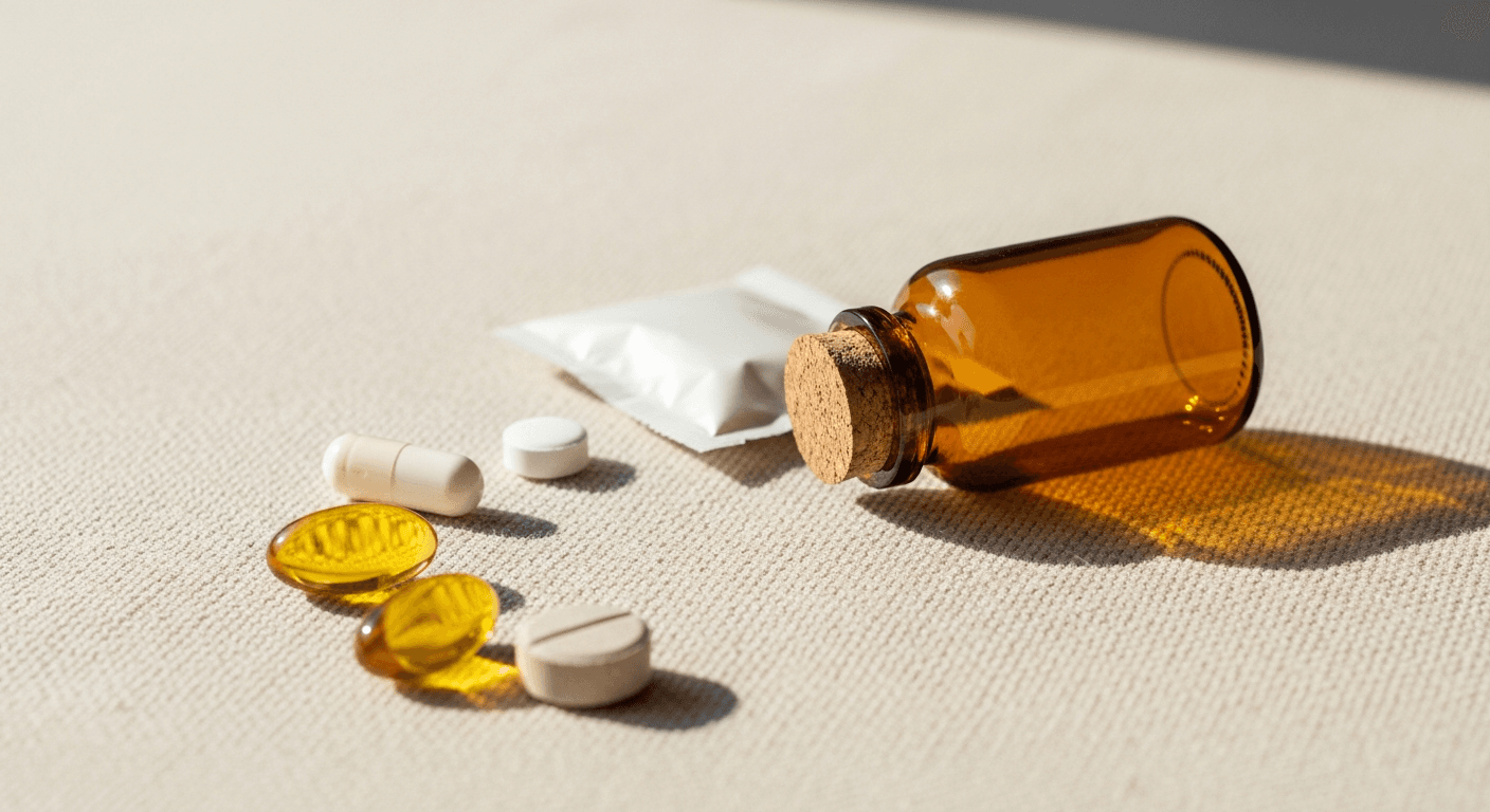 Five different supplement forms and an amber glass bottle arranged on warm cream linen.