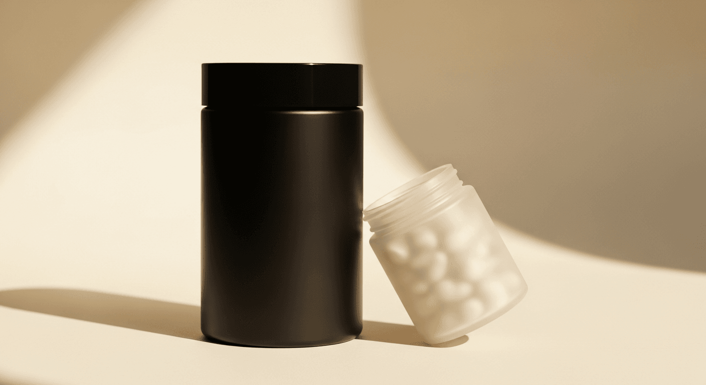Two contrasting supplement jars—one tall matte-black, one small frosted cream—against a warm golden backdrop.
