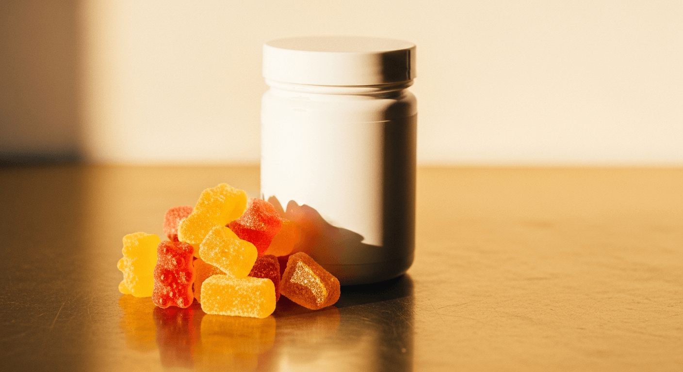 Translucent amber gummy candies and a matte white supplement jar on a brushed brass surface.