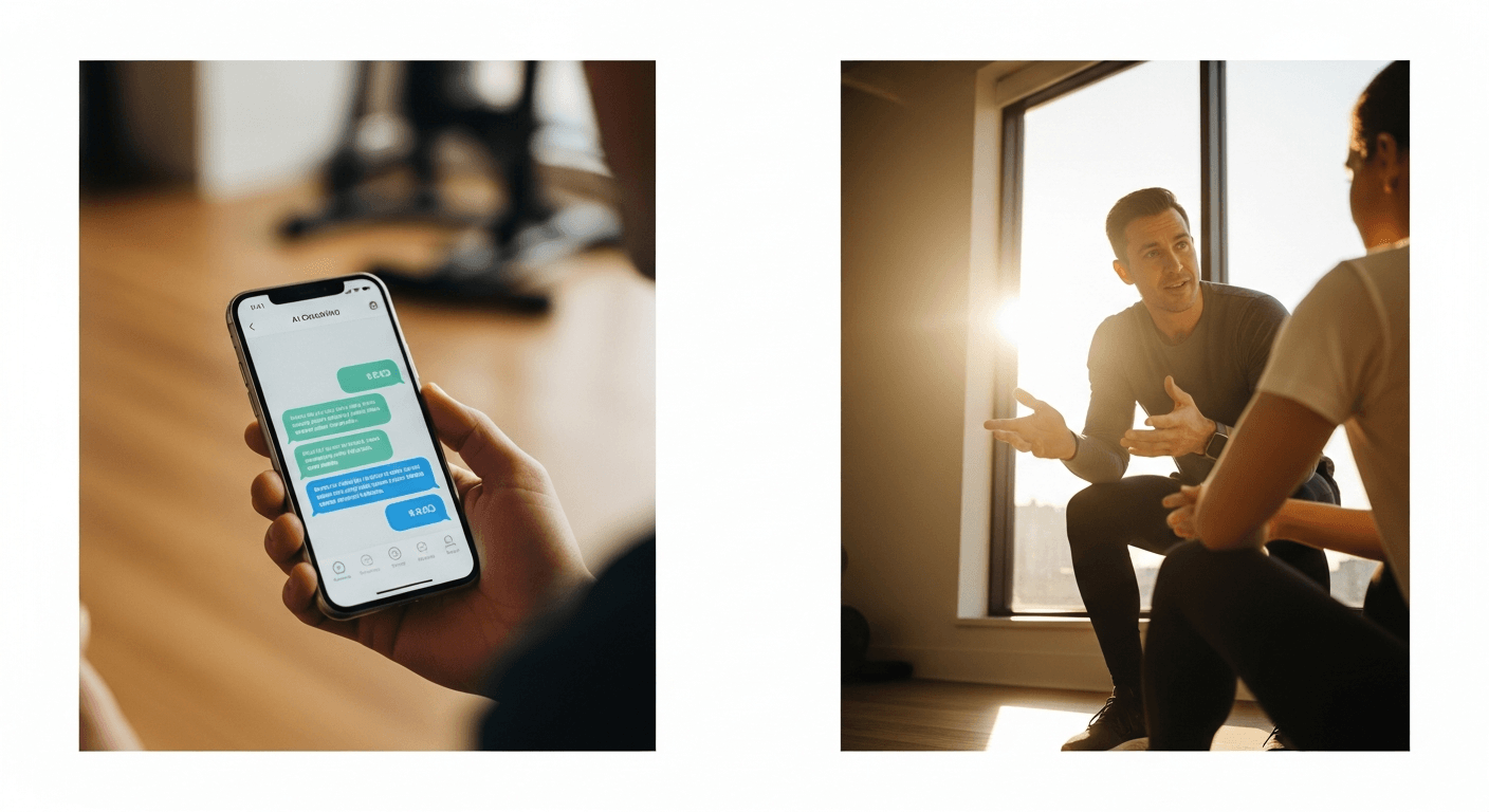 Split-frame editorial image contrasting an AI coaching app on a phone with a human coach engaging directly with an athlete in natural light.