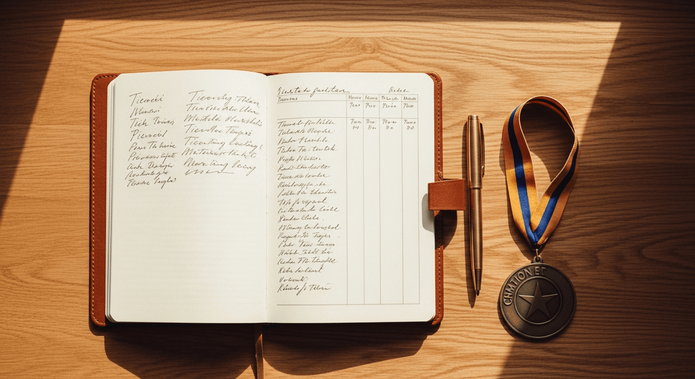An open leather notebook with a brass pen and competition medal on an oak desk, lit by warm golden-hour light.
