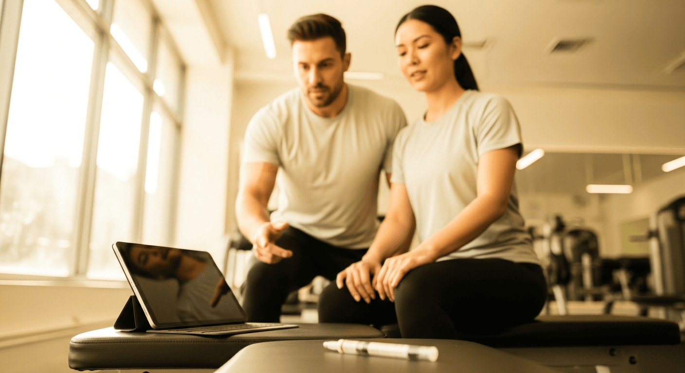 A personal trainer consults with a seated client in a modern gym, with an auto-injector pen subtly visible nearby.