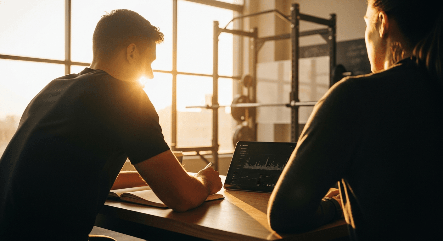 A personal trainer leans toward a seated client at a table in a warm, golden-lit gym setting.