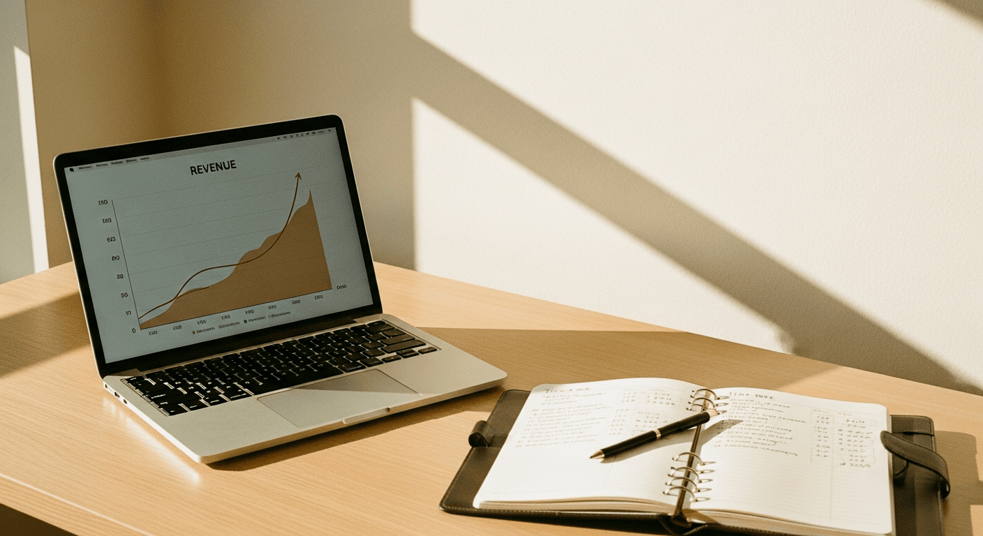 Laptop showing revenue graph next to open leather planner on warm wooden desk in golden light.