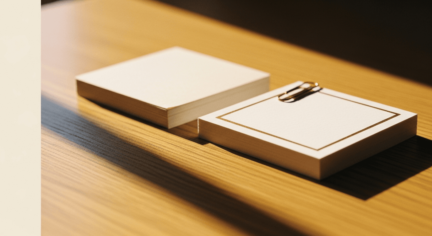 Two business cards side by side on an oak desk: worn plain card left, premium gold-bordered card right catching light.