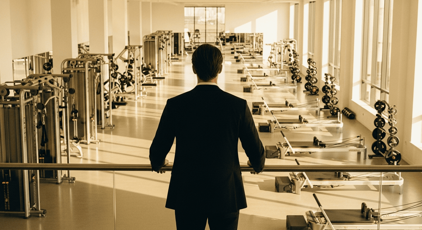 Suited figure overlooking a premium gym floor with equipment, bathed in warm golden afternoon light.