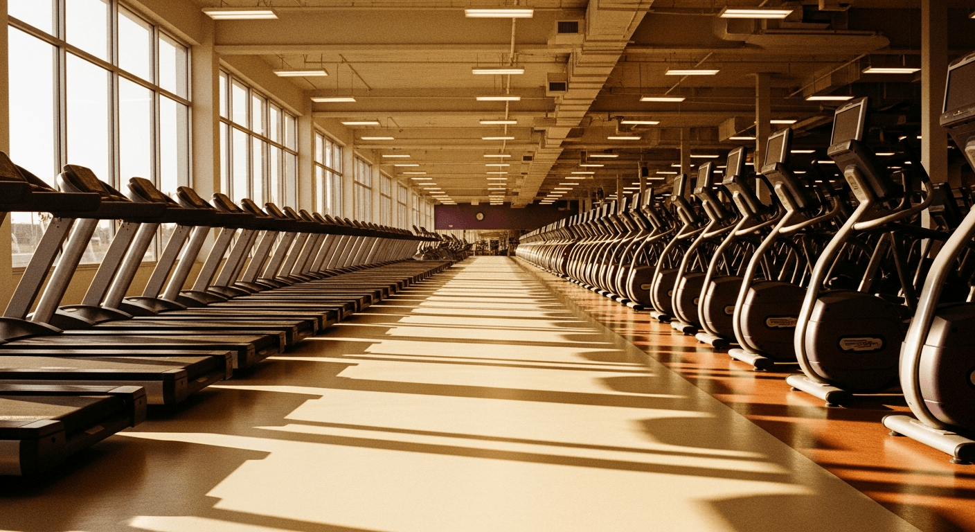 Rows of cardio machines stretching across a spacious gym floor bathed in warm golden morning light.