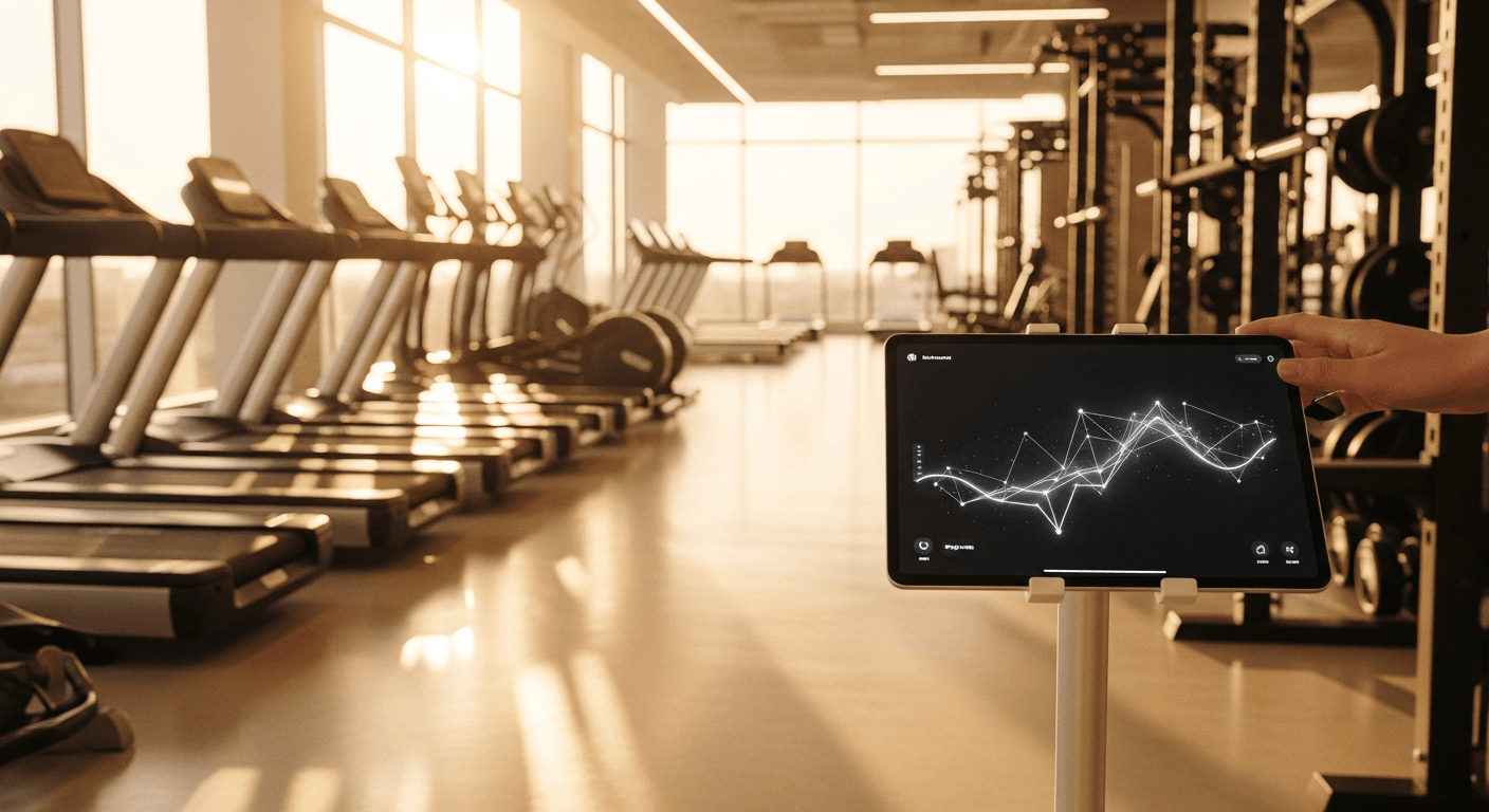 Wide-angle view of a premium gym floor with connected equipment rows and a manager's tablet interface in the foreground.
