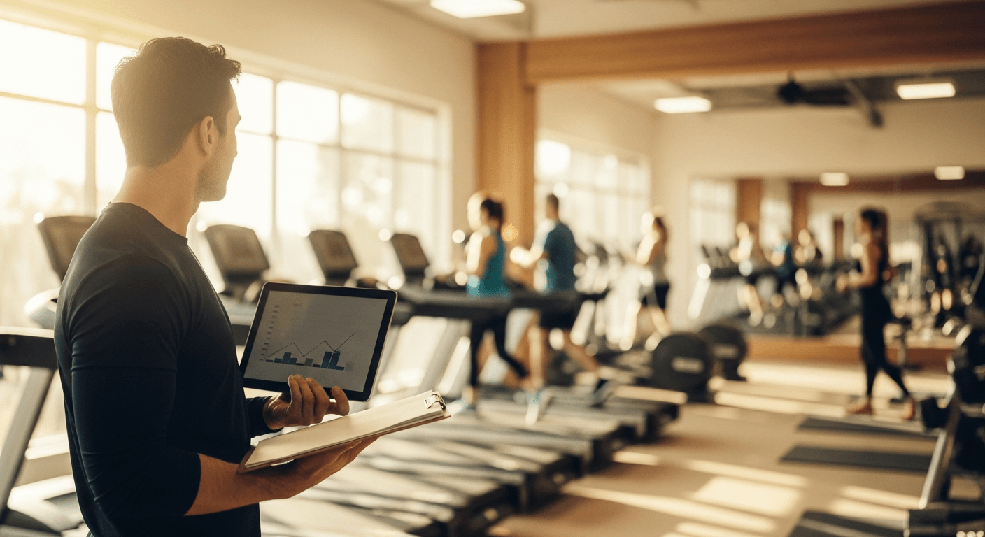 Gym manager reviews data at front desk with active fitness floor and classes visible in warm, soft-lit background.