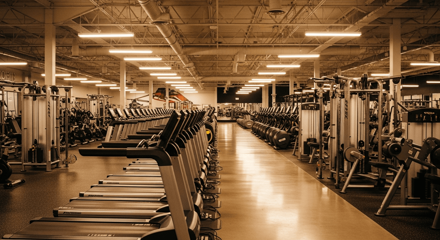 Wide-angle view of a modern gym floor with equipment rows receding in perspective, bathed in warm golden lighting.