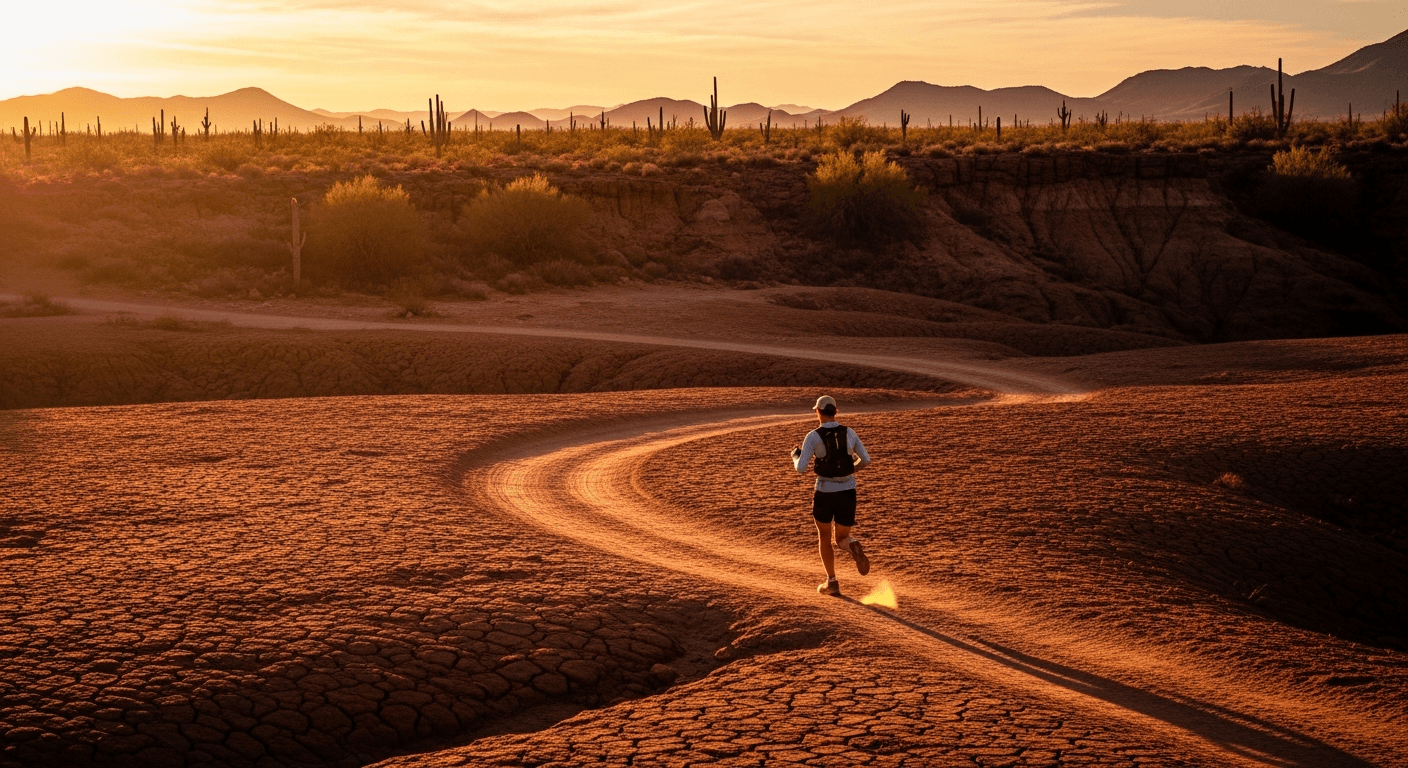 Ultra runner seen from behind running solo across a vast rust-red Arizona desert landscape at golden hour.