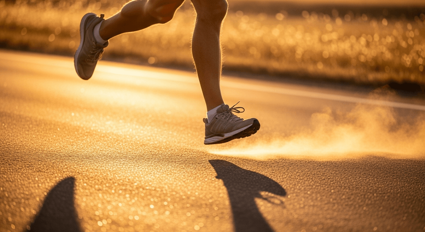 Runner's legs mid-stride on sun-baked asphalt with visible heat shimmer on the road.