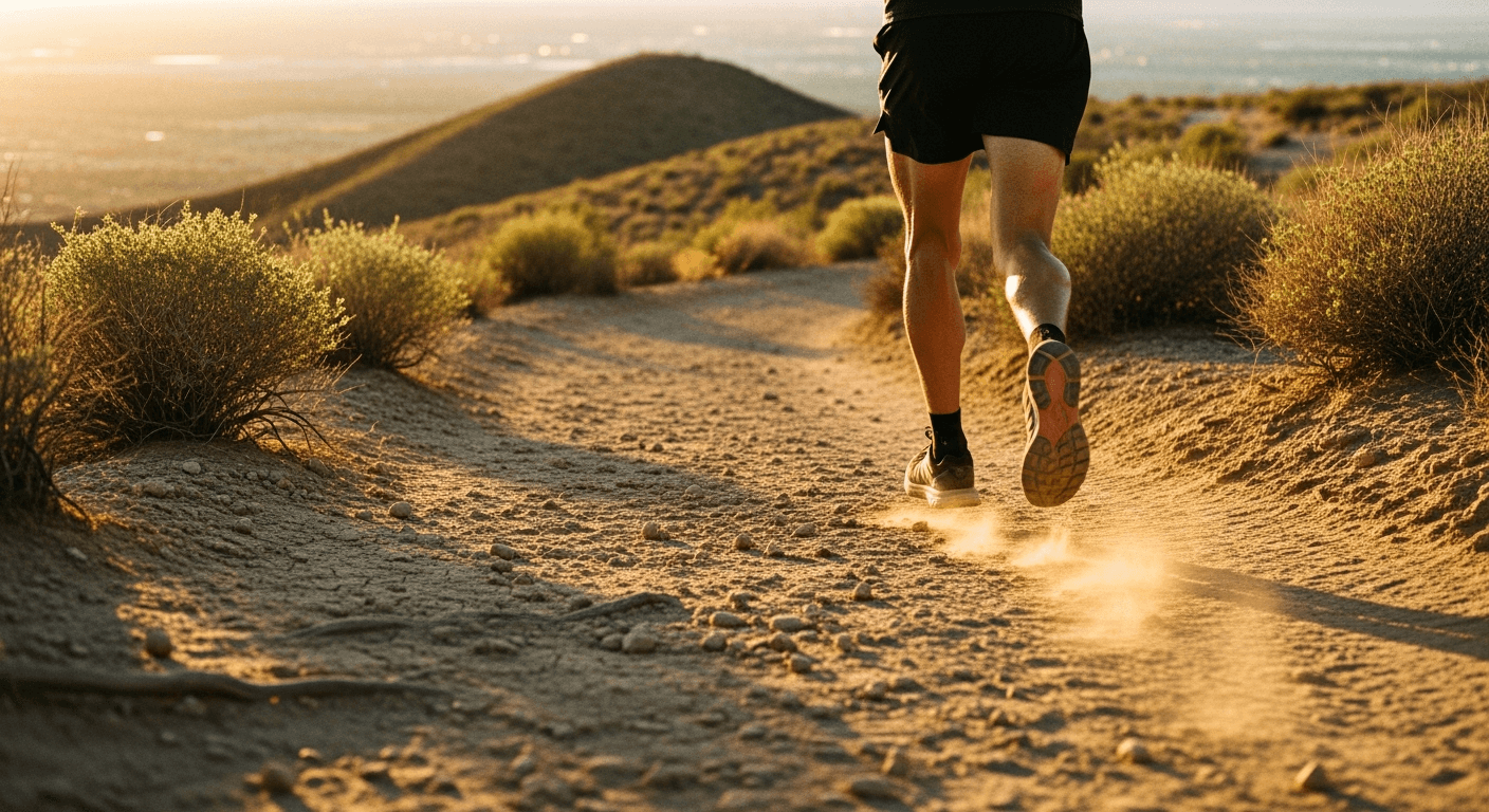 Trail runner mid-stride on a dusty desert switchback trail during golden hour.
