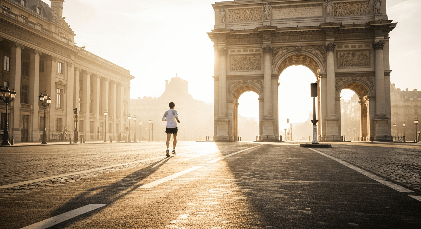 A lone runner approaches a grand stone archway on a sunlit Parisian boulevard at dawn.