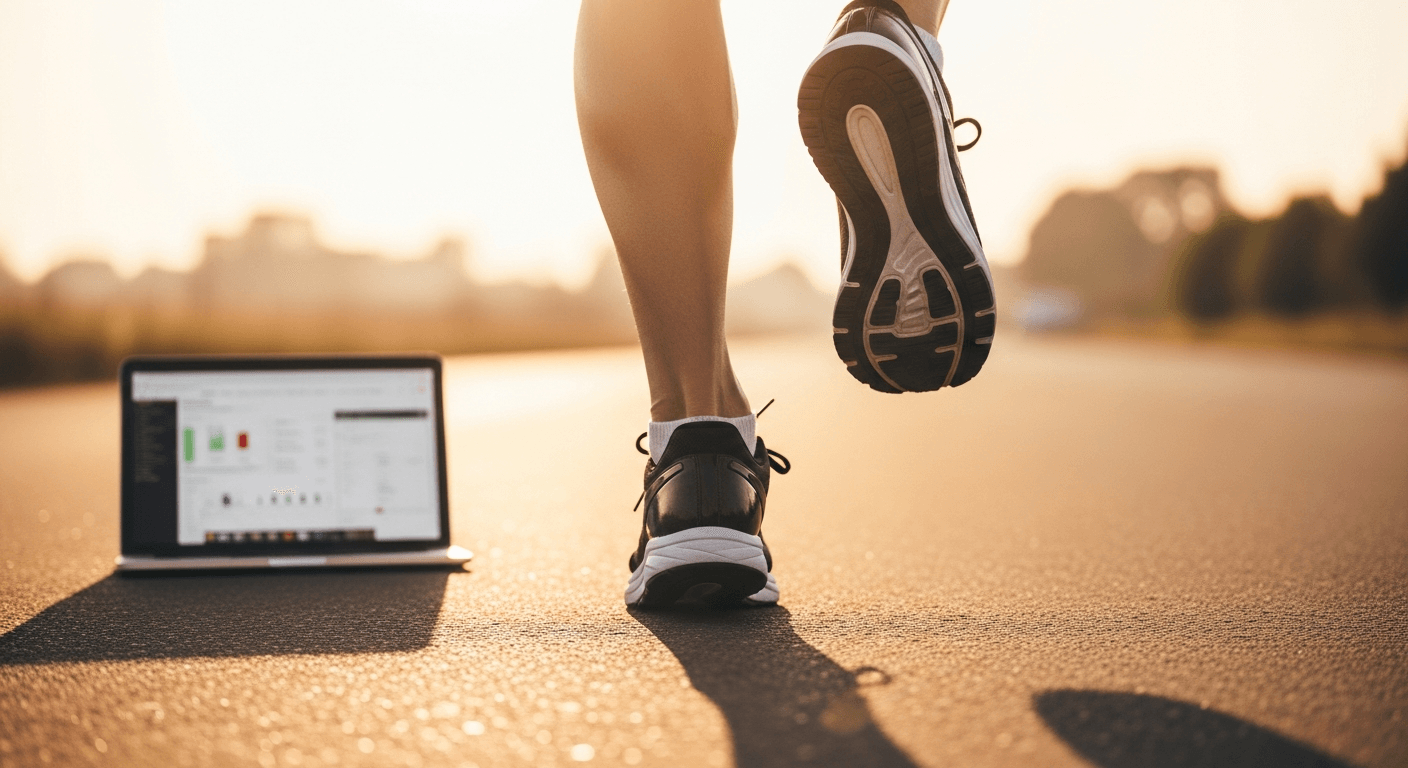 Close-up of a runner's feet in carbon-plated racing shoes mid-stride on asphalt in golden-hour light.