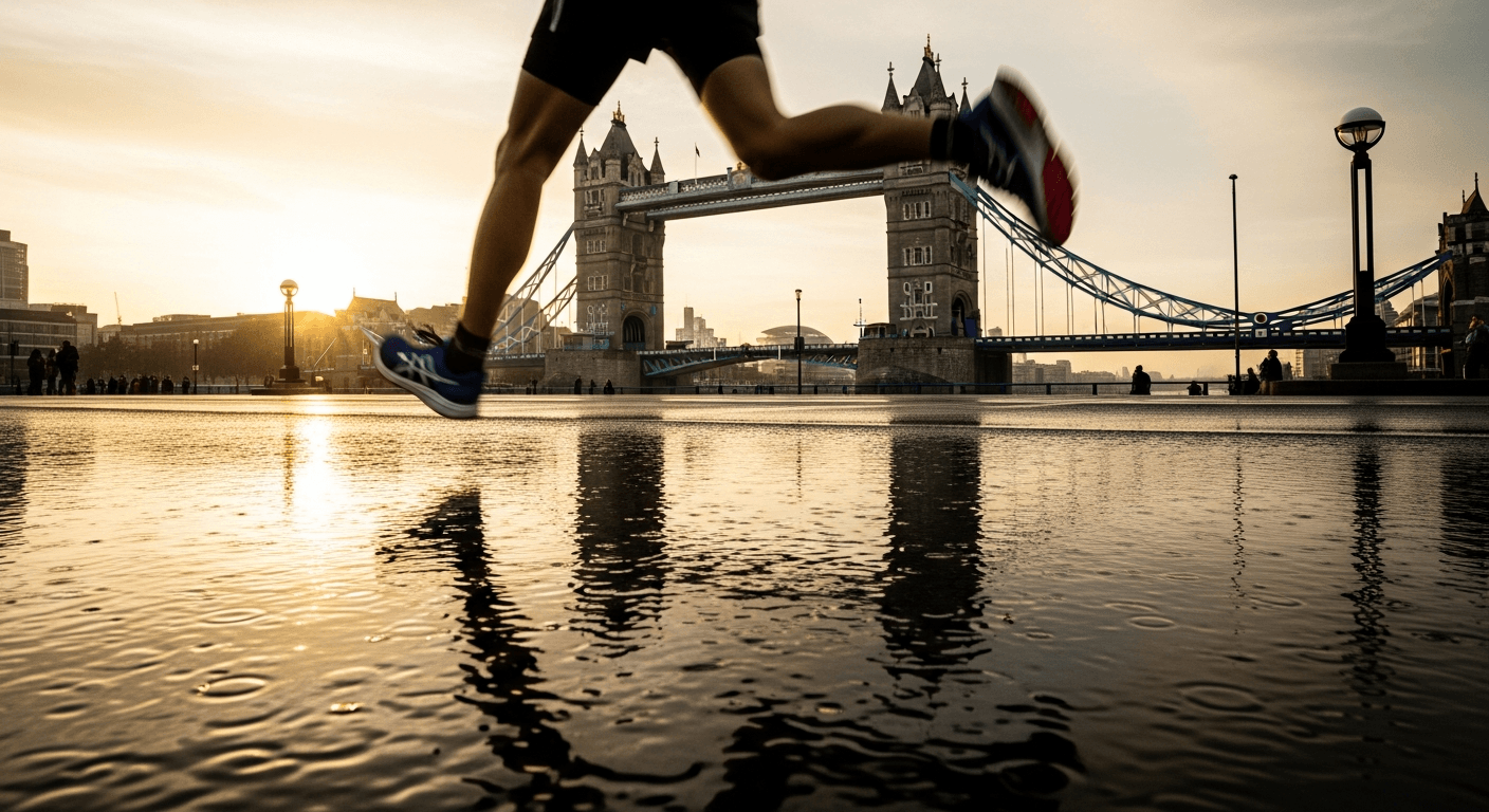 Runner mid-stride on wet London pavement at golden hour, with Tower Bridge softly blurred in the warm background.