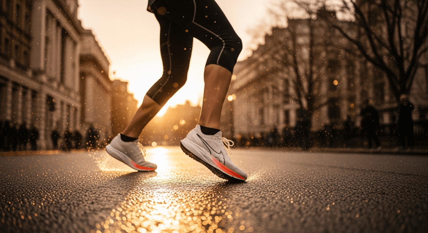 Elite runner mid-stride on wet London road, carbon-plated racing shoes sharp in foreground with golden hour light.