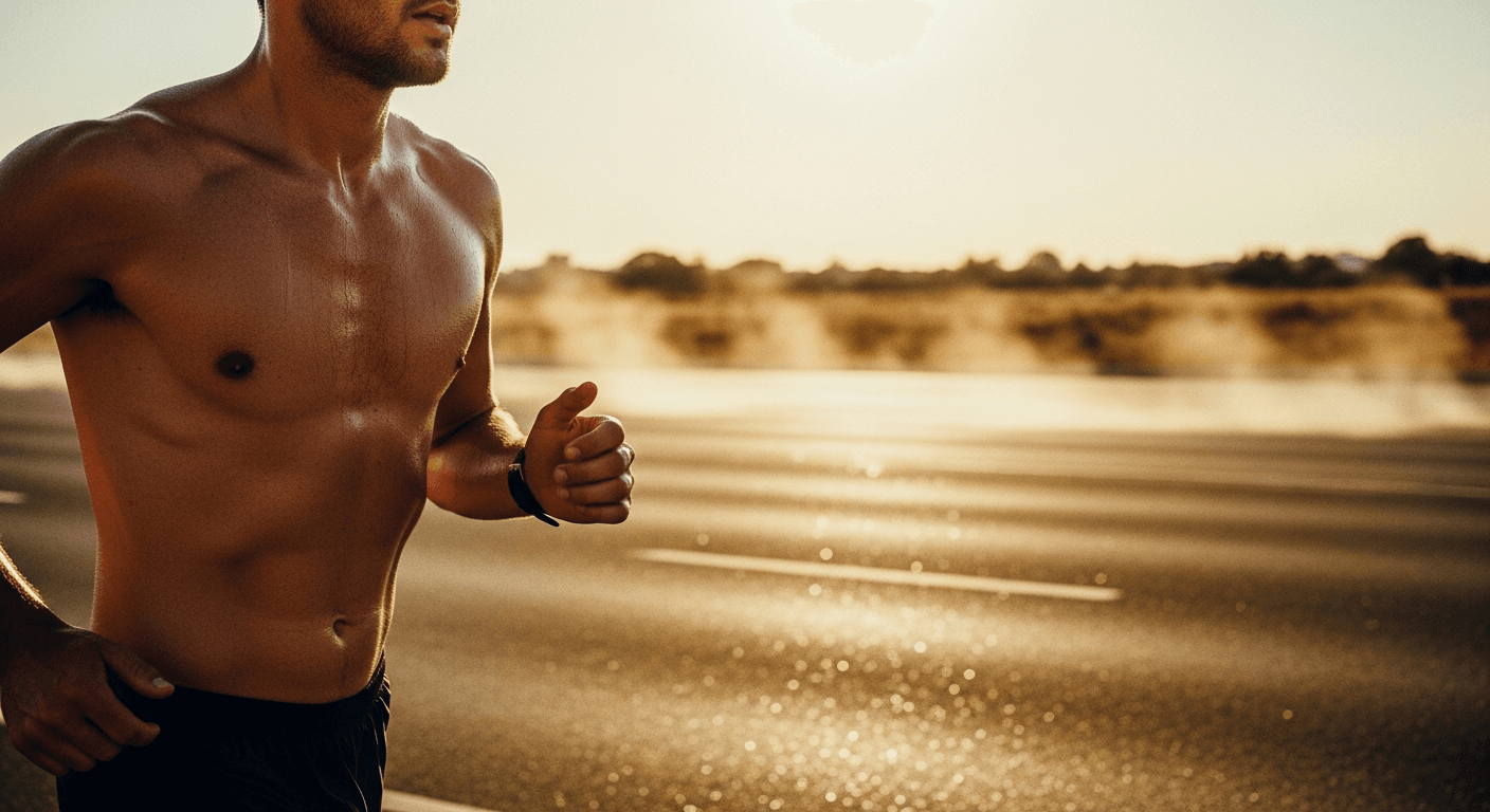 A sweat-drenched runner pushing through midday summer heat on a sun-baked urban road.