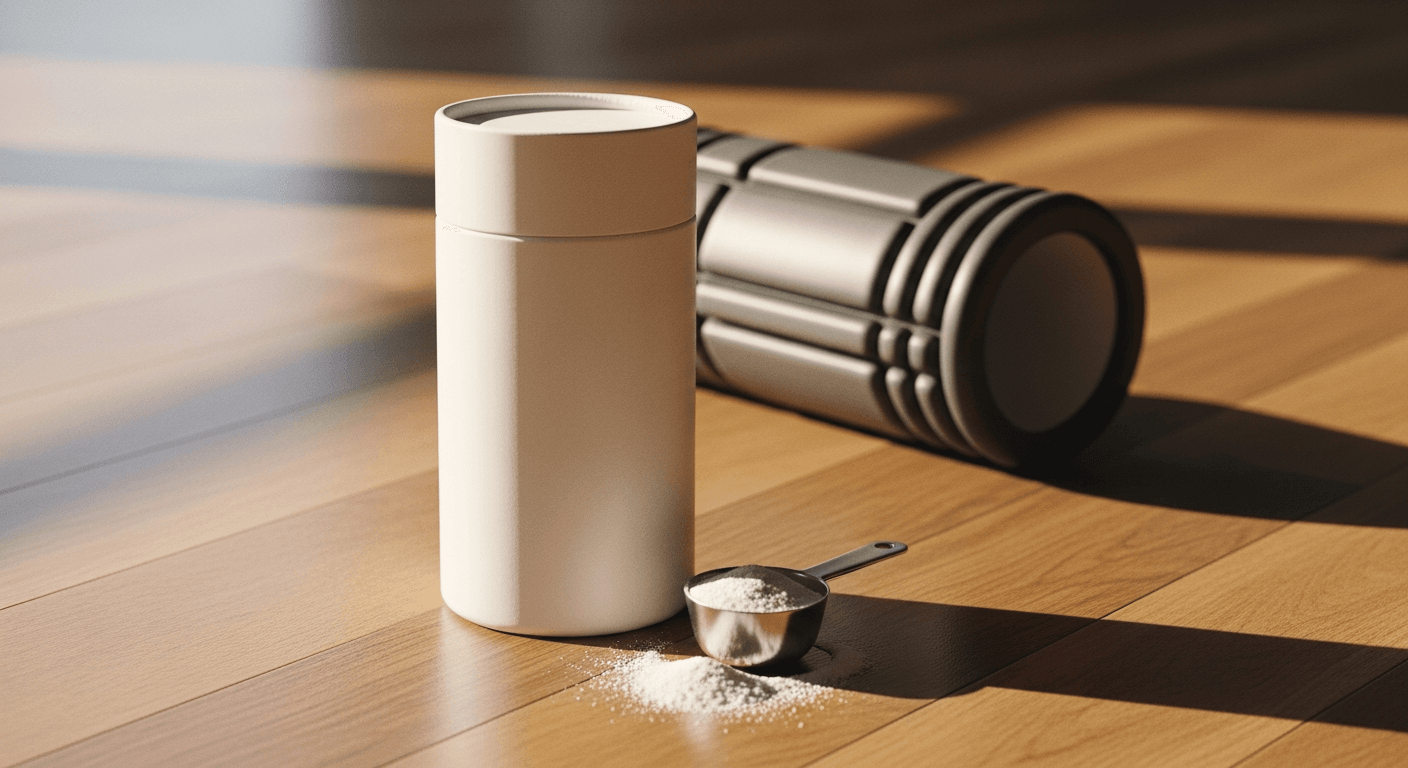 White collagen supplement container, powder scoop, and foam roller on a warm wooden gym floor.
