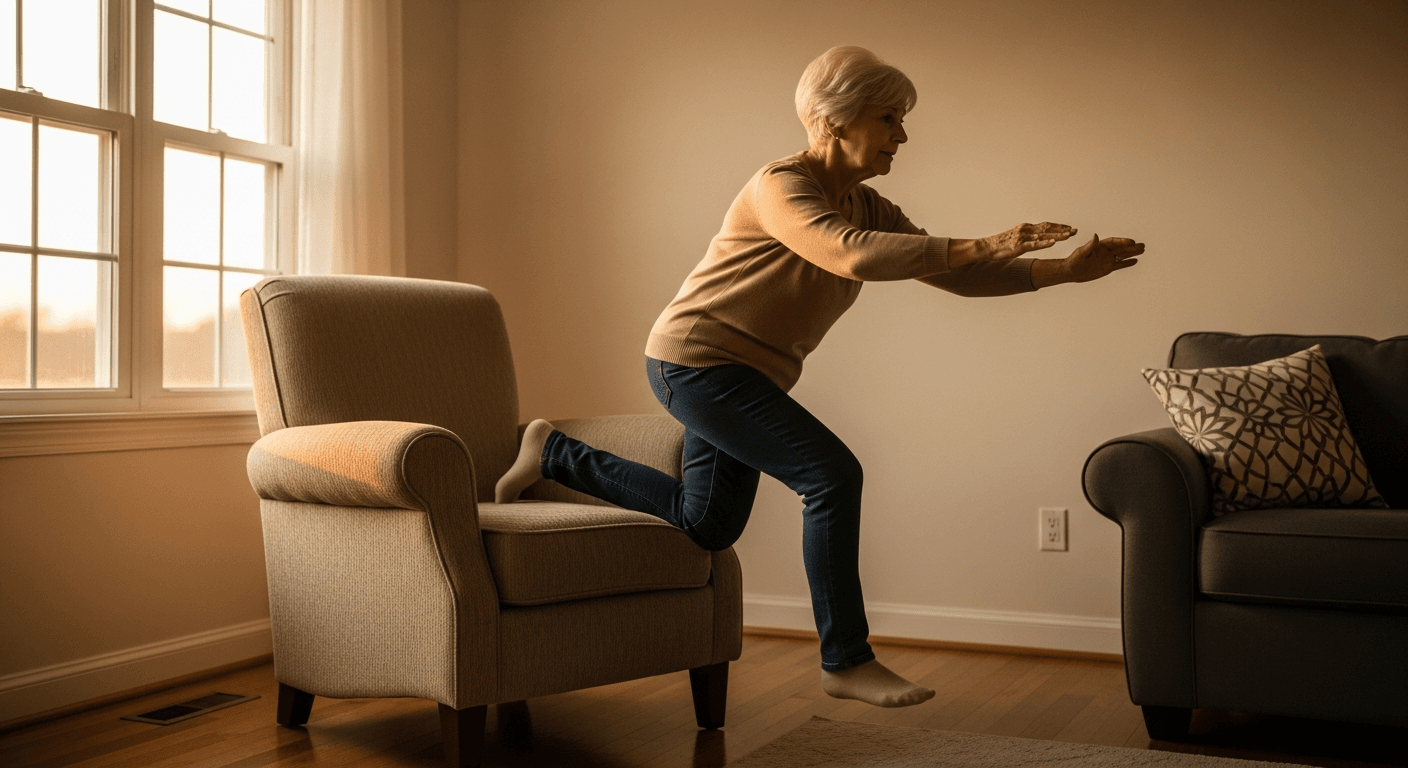 Older woman rising from an armchair with controlled movement in warm golden-hour light.