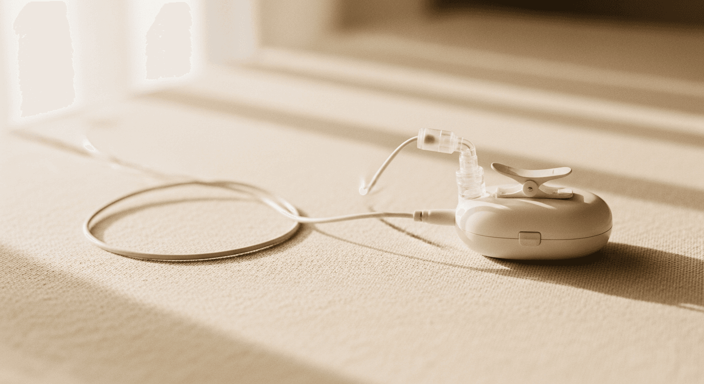 Compact home sleep apnea test device with sensor clip resting on warm linen in soft natural morning light.
