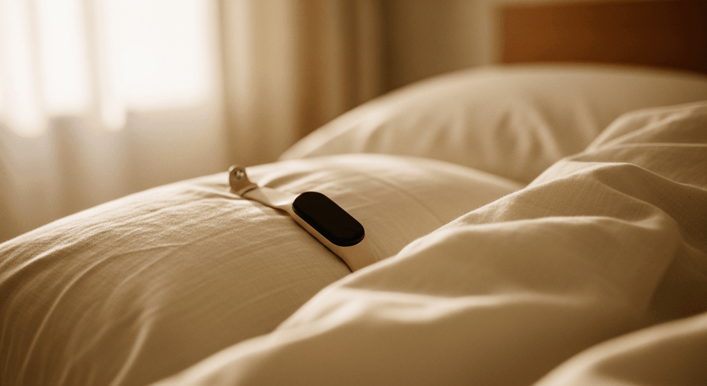 A fitness tracker resting on rumpled bedding, symbolizing sleep obsession and restless nights.