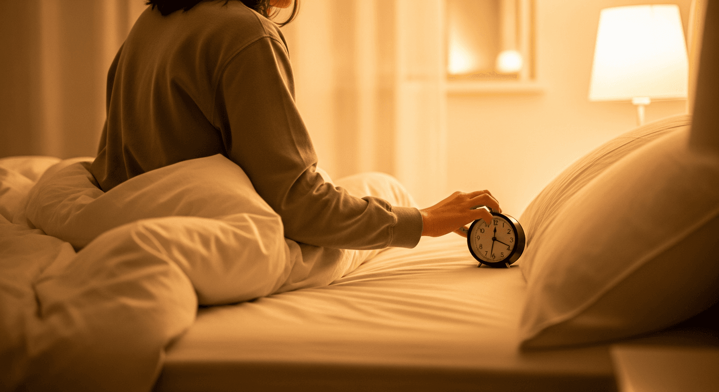 A young adult intentionally places an analog clock face-down on a nightstand as part of an evening wind-down ritual in a warm bedroom.