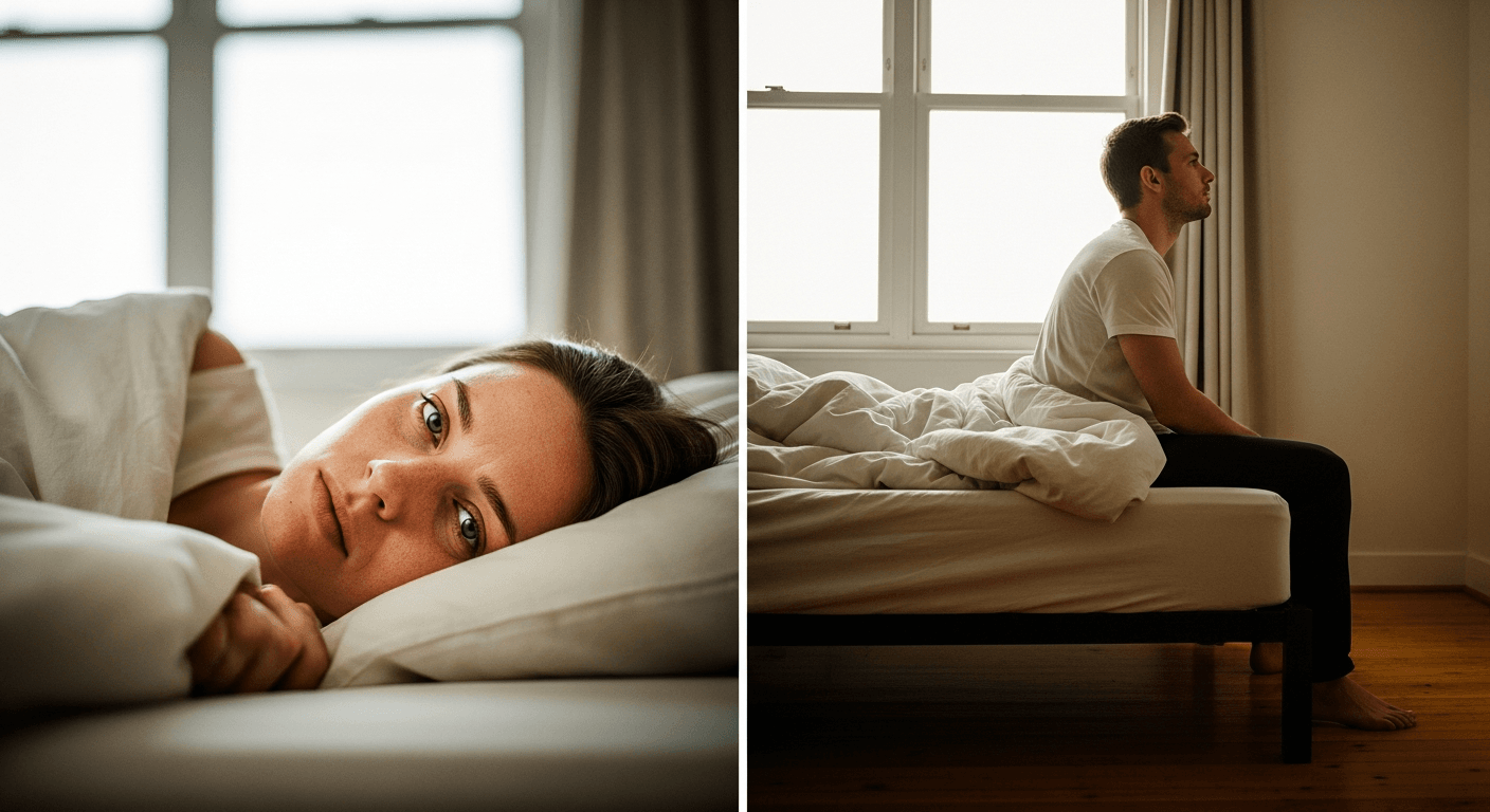 A fatigued woman in bed and an alert man sitting at the edge, bathed in soft morning light.