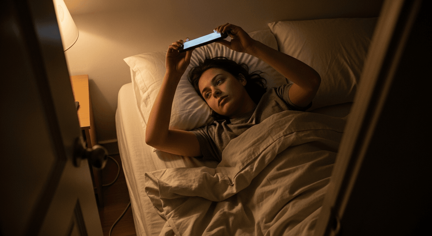 A young adult lying awake in bed at night, looking tired, illuminated by the glow of a phone above them.