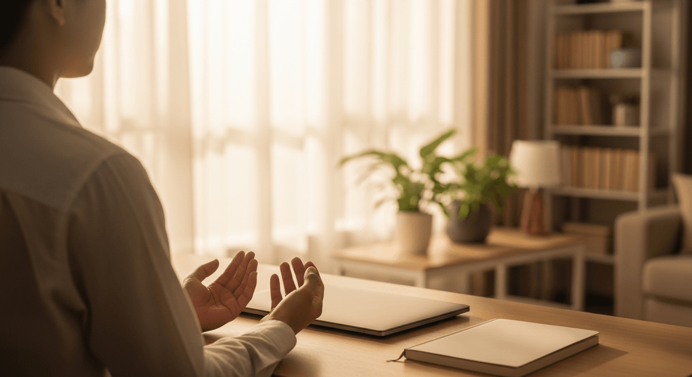 A person seated at a home desk by a window, hands resting in their lap, pausing for a quiet moment away from work.