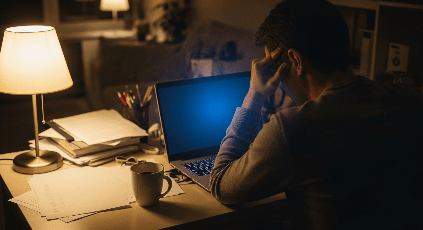 Exhausted person hunched at home desk at night, lit by warm lamp and harsh blue screen glow.