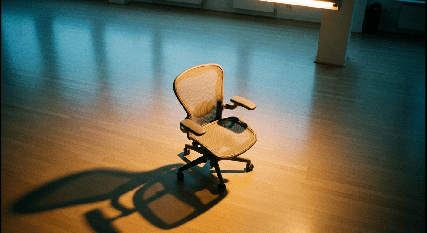 Empty ergonomic office chair casting a long shadow across pale hardwood floor in a quiet open-plan office.