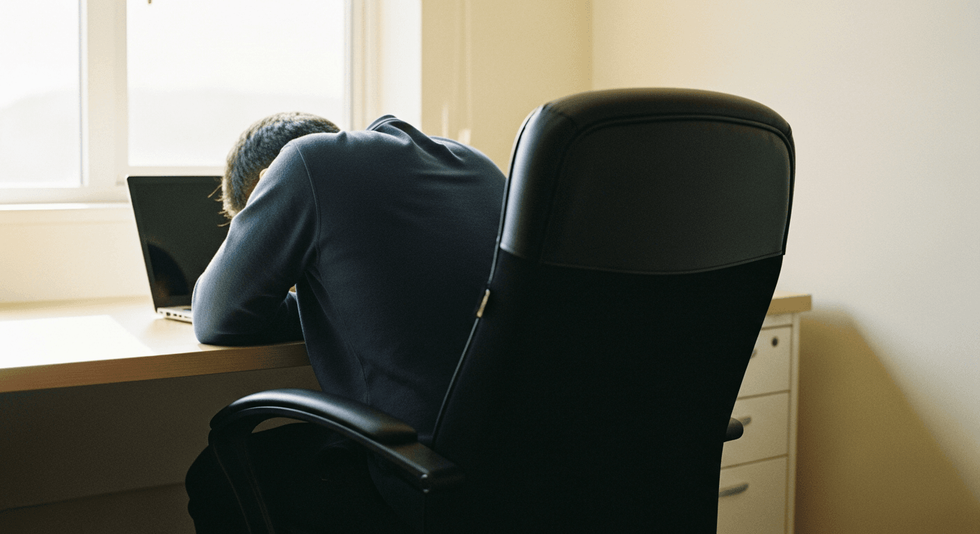 Person hunched at a desk with rounded shoulders in soft, warm natural golden light.