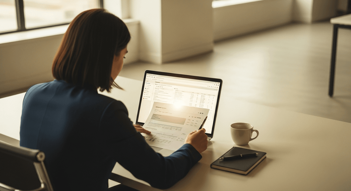 HR professional reviewing a report at a modern desk in warm natural light from an office window.